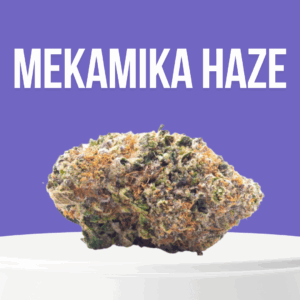 Mekamika Haze cannabis buds with bright orange hairs and light green crystals