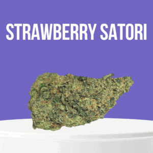 Strawberry Satori cannabis buds with red-orange hairs and frosty crystal coating