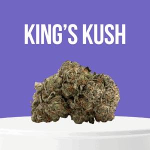 Kings Kush cannabis buds with dark green hues and thick trichomes