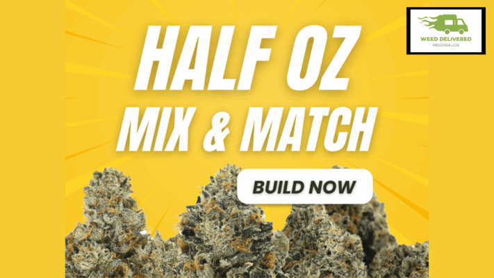 Close-up of premium cannabis strains in a custom half-ounce mix and match combo from a Mississauga weed delivery service.