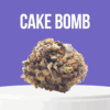 Cake Bomb cannabis buds with dense structure and frosty, trichome-rich coating