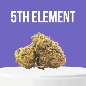 5th Element cannabis buds with dark green tones and thick crystal coating