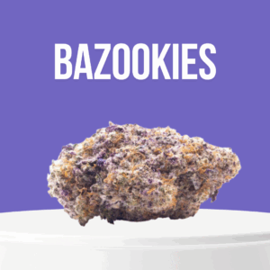 Bazookies cannabis buds with dense trichomes and a sweet, frosty appearance