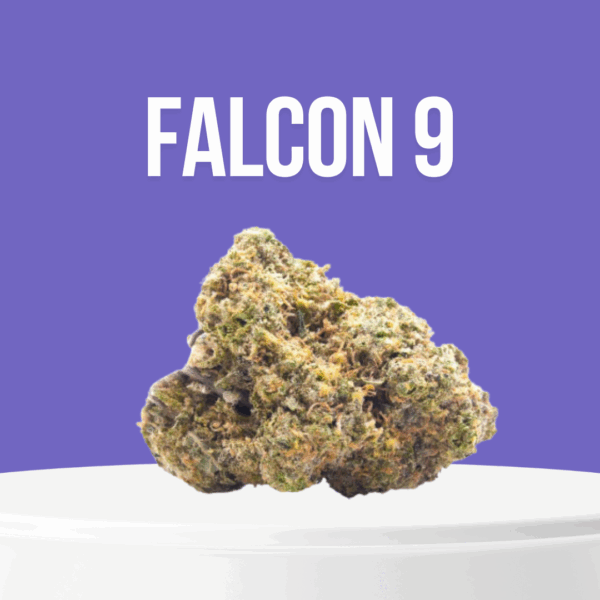 Falcon 9 cannabis buds with deep purple tones, dense structure, and heavy trichomes